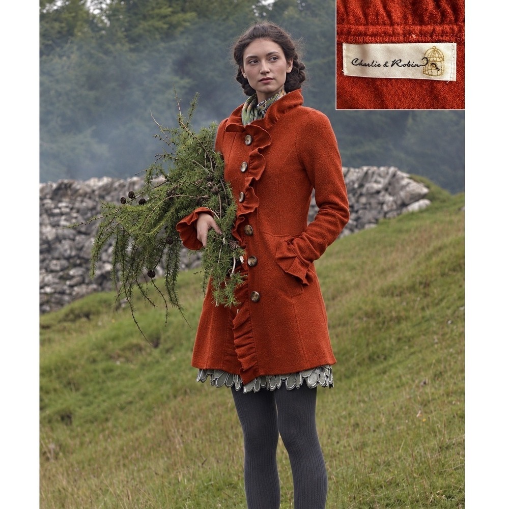 Charlie & Robin Cottagecore 100% Wool Ruffle Trim Button Front Coat Orange Sz S